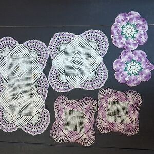 Vintage crocheted white with purple doilies/trivets/hotpads/potholders